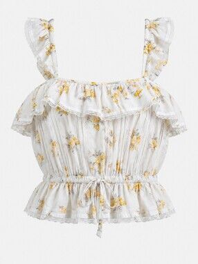 Chelsea & Violet White Yellow Floral Ruffle  Lace Trim Romantic Crop Top Size L